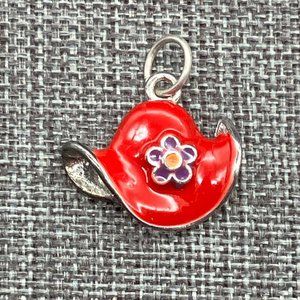 Red Hat Society Pendant Charm Red Enamel Purple Flower Silver Retro Soft Girl